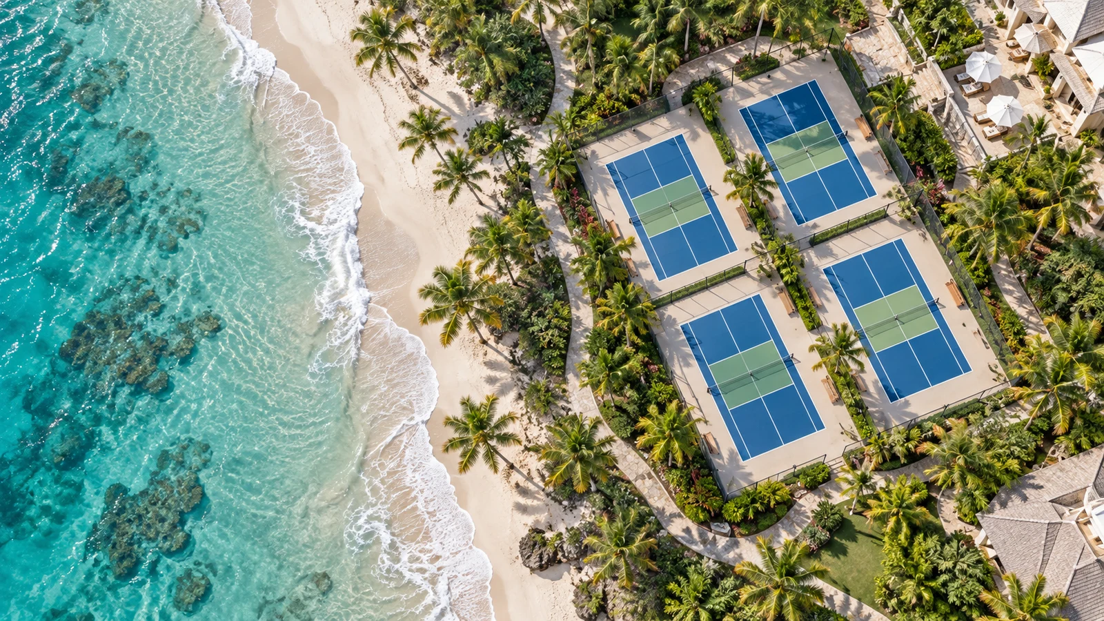 Resort inspiration: pickleball courts beside a tropical beach